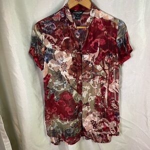 Citron Santa Monica Red Pink Floral Silk Asian Inspired Button Down Blouse Top